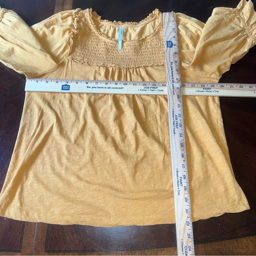 Anthropologie Smocked 3/4 Puff Sleeve (woven) Shirt (knit) Mustard Yellow L - Picture 10 of 10